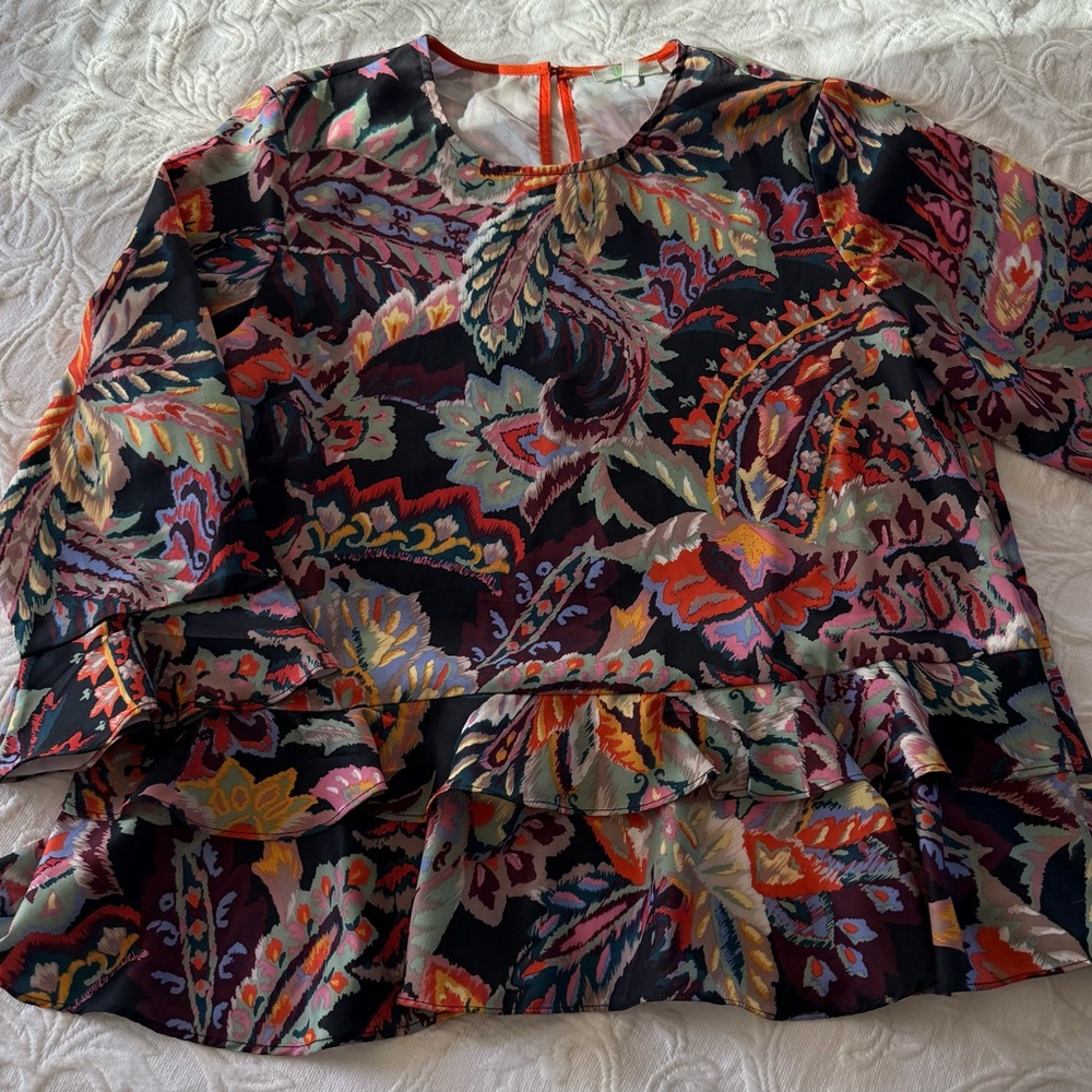 Jade Navy Multicolor Floral Ruffle Blouse Silk